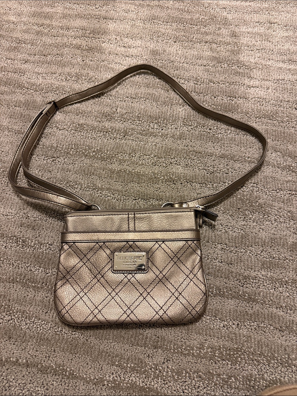 Metallic Quilted Crossbody Bag with Plaque - Gold Tone